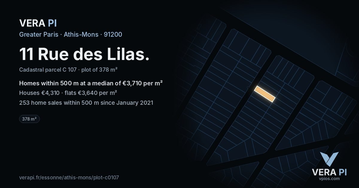11 Rue des Lilas, Athis-Mons at night – the plot lit, the parcels around coloured by the prices near them