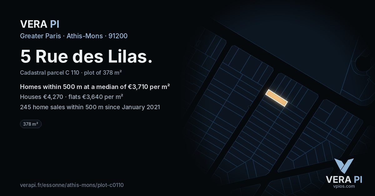 5 Rue des Lilas, Athis-Mons at night – the plot lit, the parcels around coloured by the prices near them
