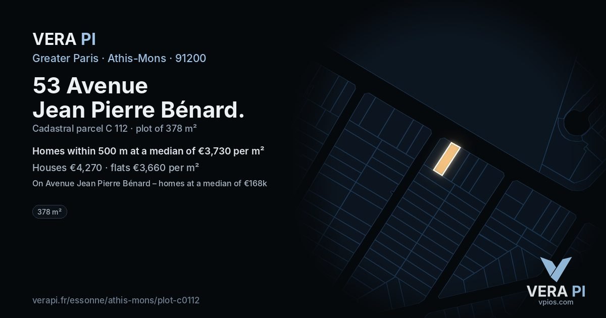 53 Avenue Jean Pierre Bénard, Athis-Mons at night – the plot lit, the parcels around coloured by the prices near them