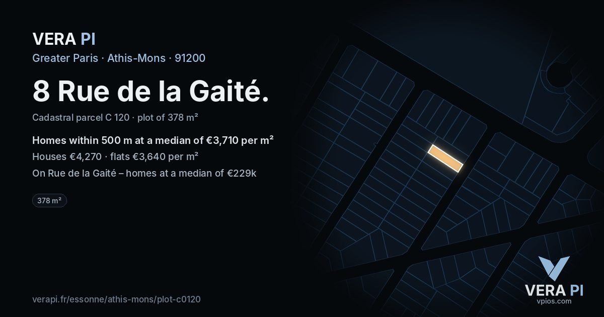 8 Rue de la Gaité, Athis-Mons at night – the plot lit, the parcels around coloured by the prices near them