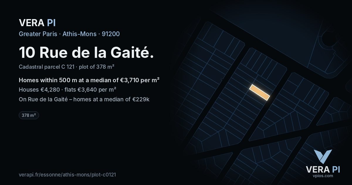 10 Rue de la Gaité, Athis-Mons at night – the plot lit, the parcels around coloured by the prices near them