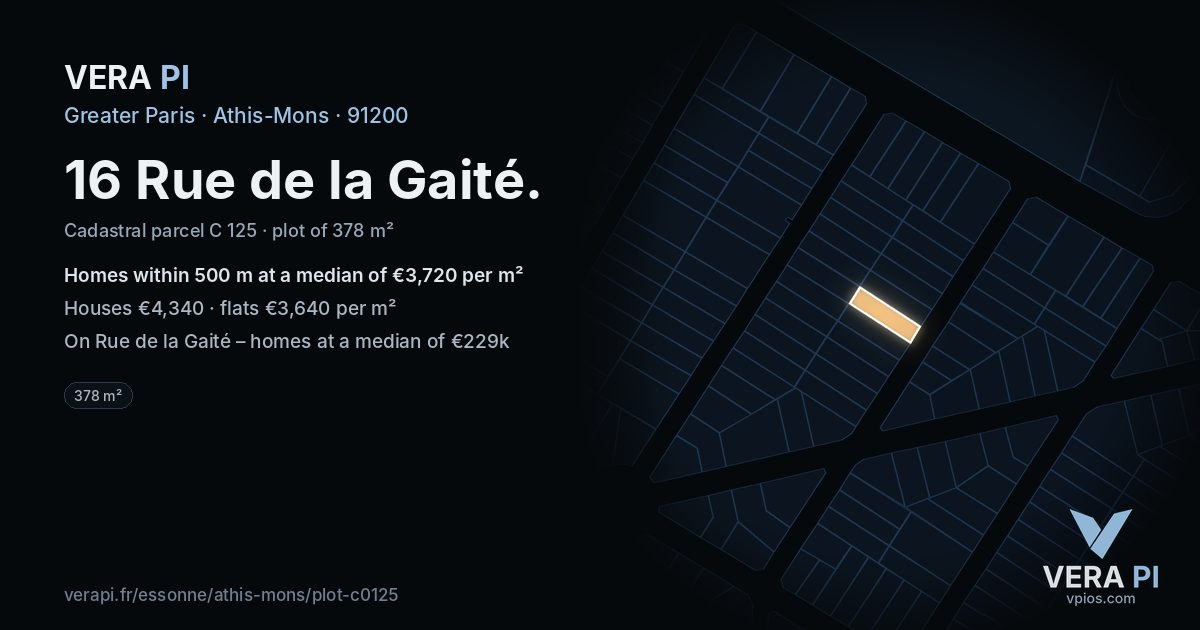 16 Rue de la Gaité, Athis-Mons at night – the plot lit, the parcels around coloured by the prices near them