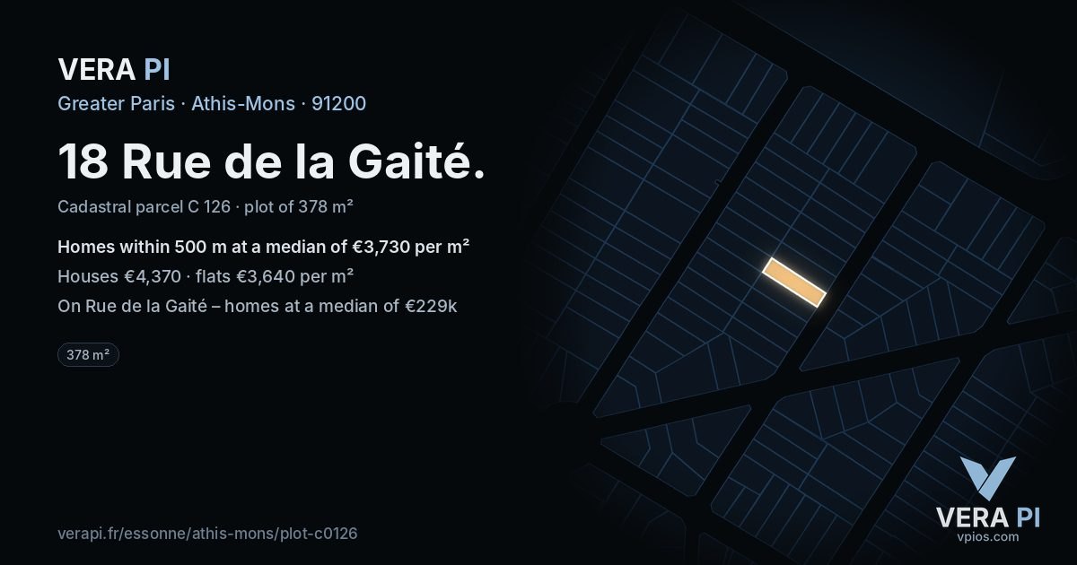18 Rue de la Gaité, Athis-Mons at night – the plot lit, the parcels around coloured by the prices near them