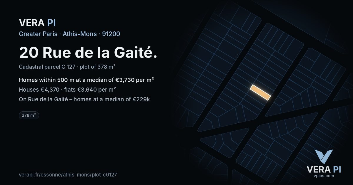 20 Rue de la Gaité, Athis-Mons at night – the plot lit, the parcels around coloured by the prices near them