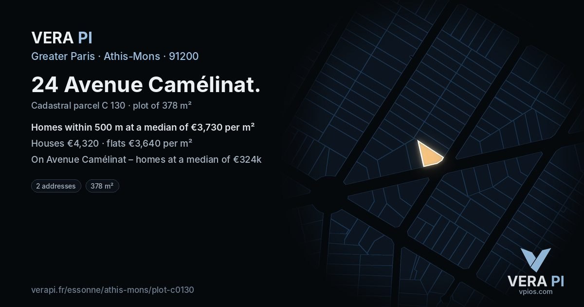 24 Avenue Camélinat, Athis-Mons at night – the plot lit, the parcels around coloured by the prices near them