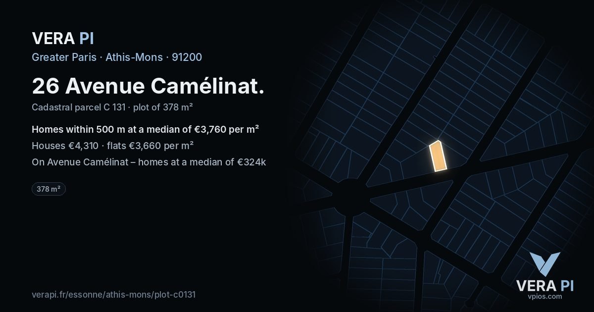 26 Avenue Camélinat, Athis-Mons at night – the plot lit, the parcels around coloured by the prices near them