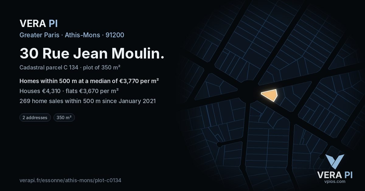 30 Rue Jean Moulin, Athis-Mons at night – the plot lit, the parcels around coloured by the prices near them