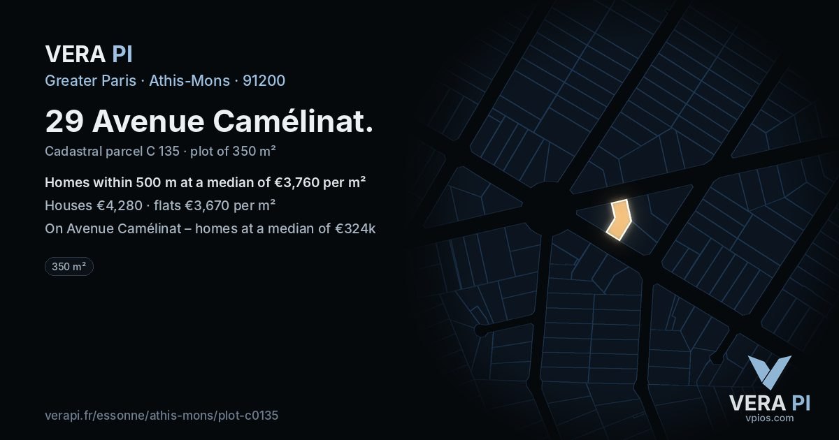 29 Avenue Camélinat, Athis-Mons at night – the plot lit, the parcels around coloured by the prices near them
