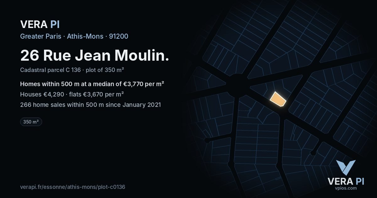 26 Rue Jean Moulin, Athis-Mons at night – the plot lit, the parcels around coloured by the prices near them
