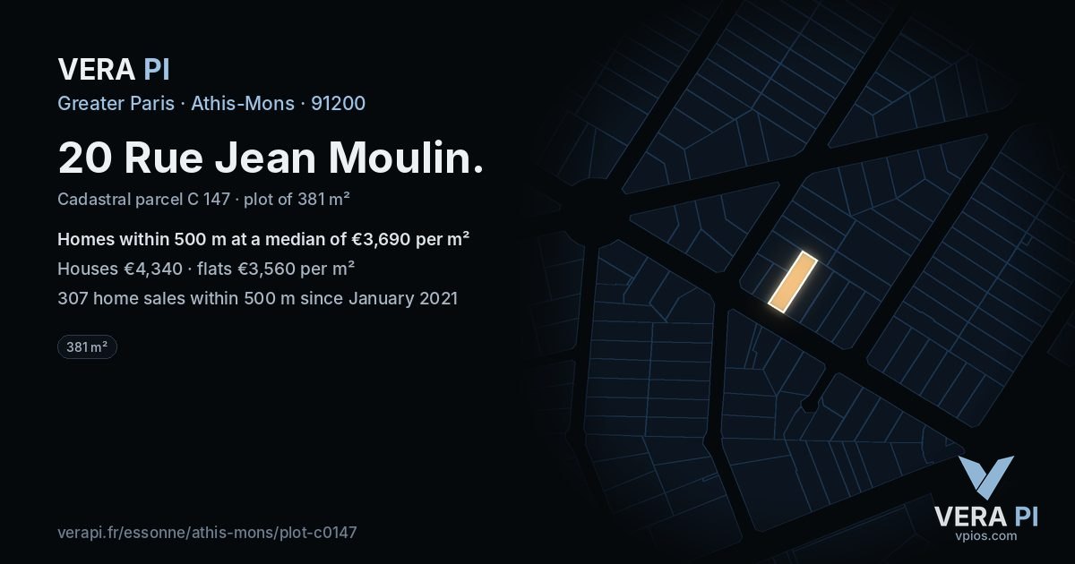 20 Rue Jean Moulin, Athis-Mons at night – the plot lit, the parcels around coloured by the prices near them