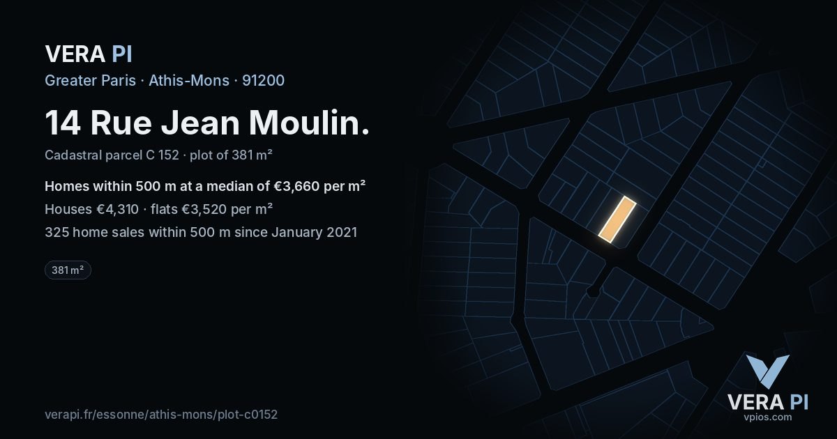 14 Rue Jean Moulin, Athis-Mons at night – the plot lit, the parcels around coloured by the prices near them