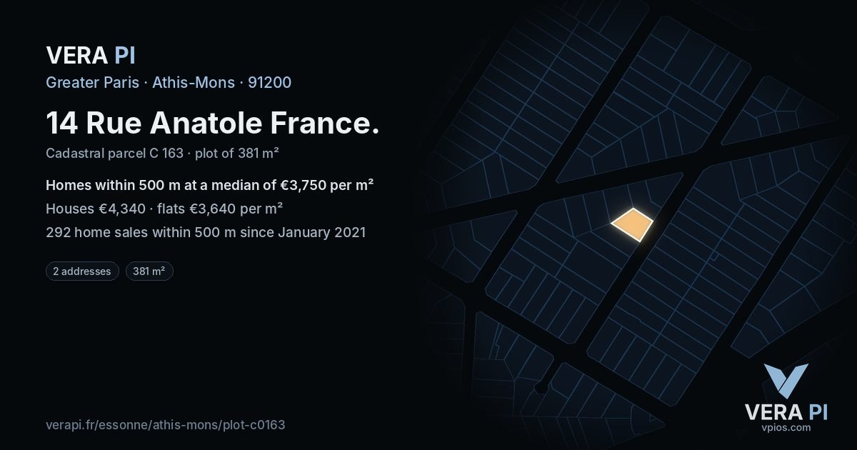 14 Rue Anatole France, Athis-Mons at night – the plot lit, the parcels around coloured by the prices near them
