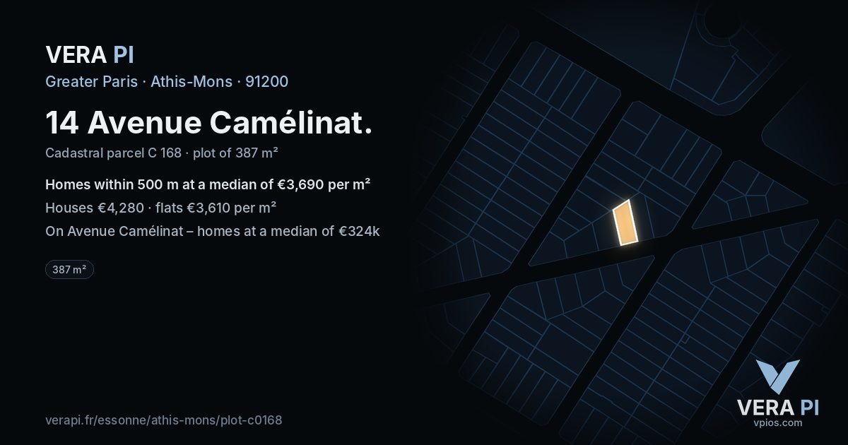 14 Avenue Camélinat, Athis-Mons at night – the plot lit, the parcels around coloured by the prices near them