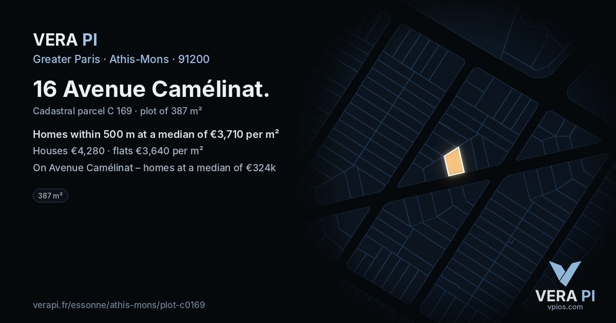 16 Avenue Camélinat, Athis-Mons at night – the plot lit, the parcels around coloured by the prices near them