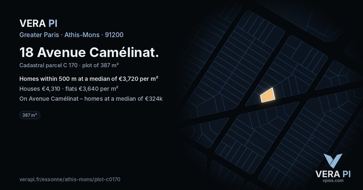 18 Avenue Camélinat, Athis-Mons at night – the plot lit, the parcels around coloured by the prices near them
