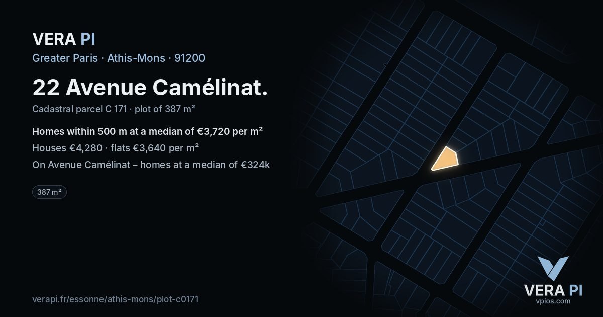 22 Avenue Camélinat, Athis-Mons at night – the plot lit, the parcels around coloured by the prices near them