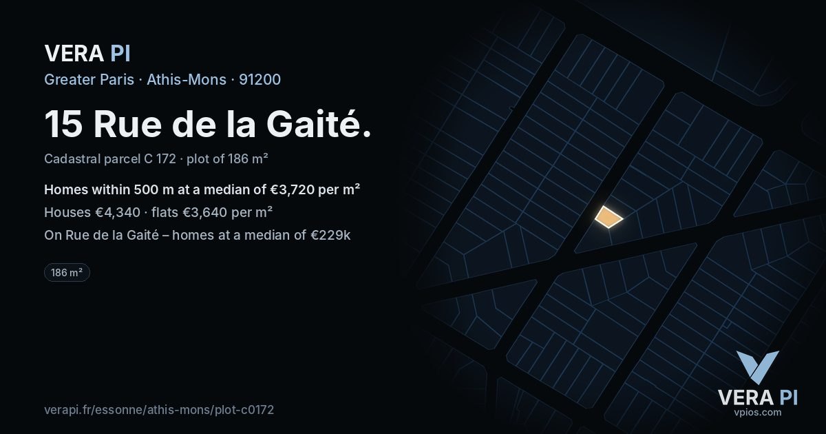15 Rue de la Gaité, Athis-Mons at night – the plot lit, the parcels around coloured by the prices near them