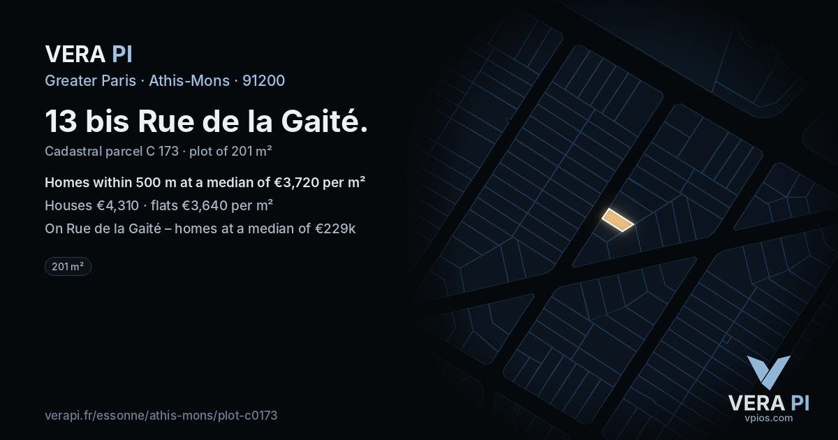 13 bis Rue de la Gaité, Athis-Mons at night – the plot lit, the parcels around coloured by the prices near them