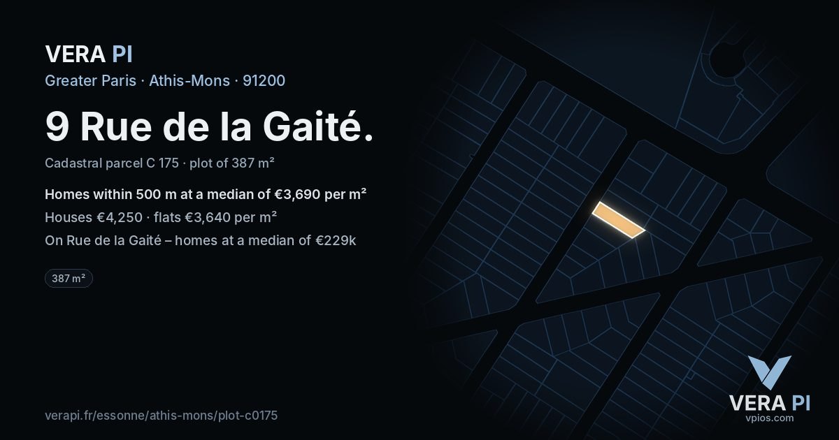 9 Rue de la Gaité, Athis-Mons at night – the plot lit, the parcels around coloured by the prices near them