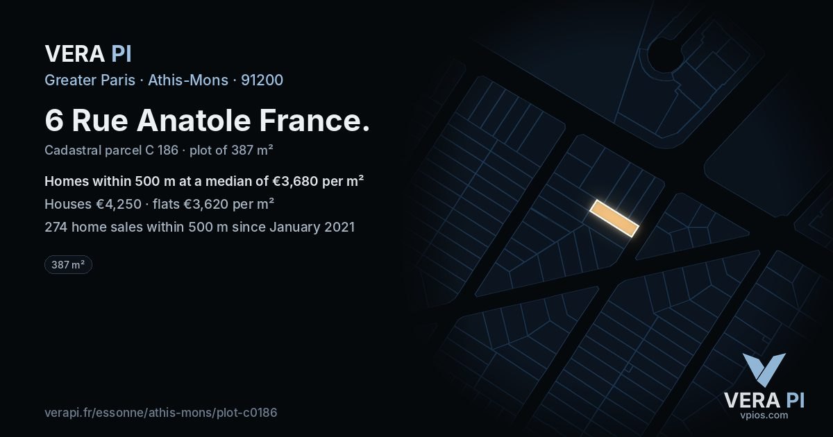6 Rue Anatole France, Athis-Mons at night – the plot lit, the parcels around coloured by the prices near them