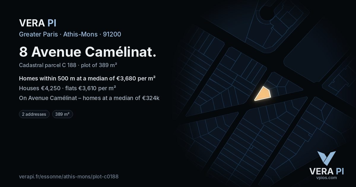 8 Avenue Camélinat, Athis-Mons at night – the plot lit, the parcels around coloured by the prices near them