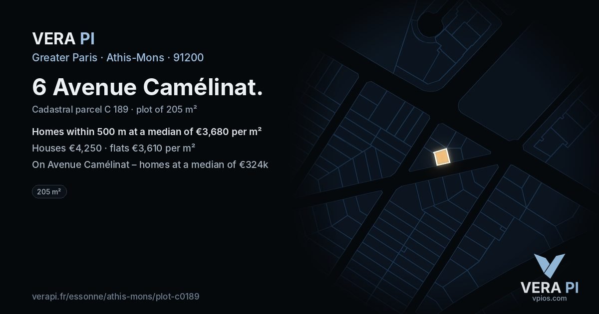 6 Avenue Camélinat, Athis-Mons at night – the plot lit, the parcels around coloured by the prices near them