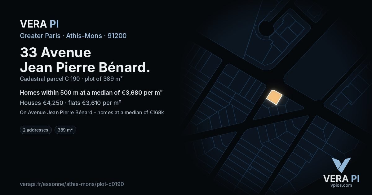 33 Avenue Jean Pierre Bénard, Athis-Mons at night – the plot lit, the parcels around coloured by the prices near them