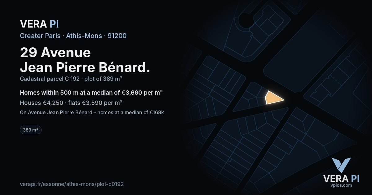 29 Avenue Jean Pierre Bénard, Athis-Mons at night – the plot lit, the parcels around coloured by the prices near them