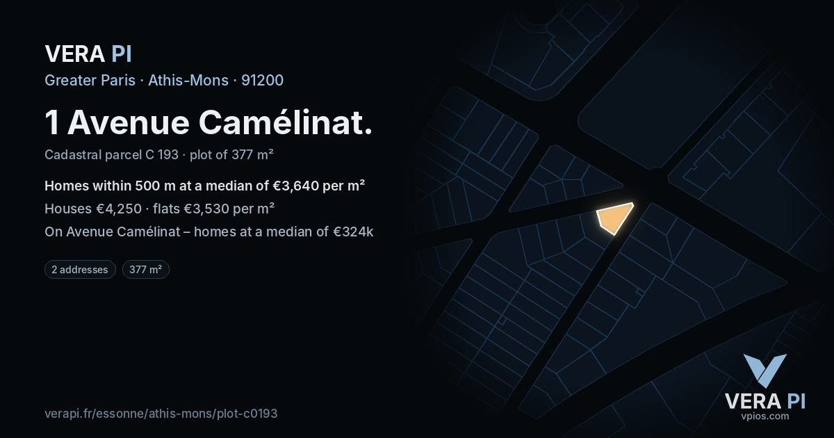 1 Avenue Camélinat, Athis-Mons at night – the plot lit, the parcels around coloured by the prices near them