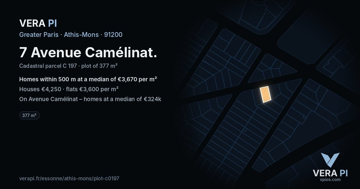 7 Avenue Camélinat, Athis-Mons at night – the plot lit, the parcels around coloured by the prices near them