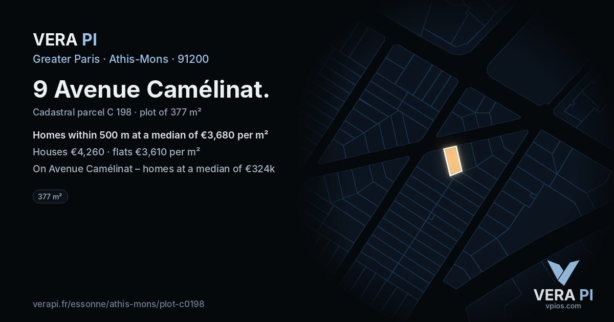 9 Avenue Camélinat, Athis-Mons at night – the plot lit, the parcels around coloured by the prices near them