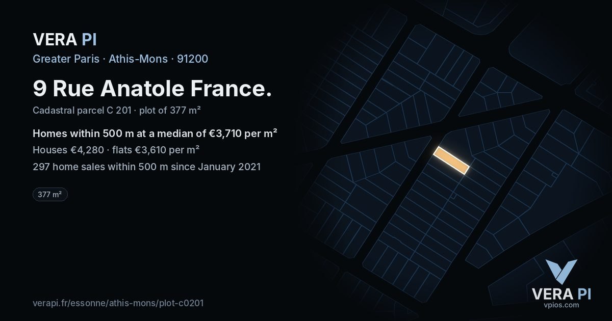 9 Rue Anatole France, Athis-Mons at night – the plot lit, the parcels around coloured by the prices near them