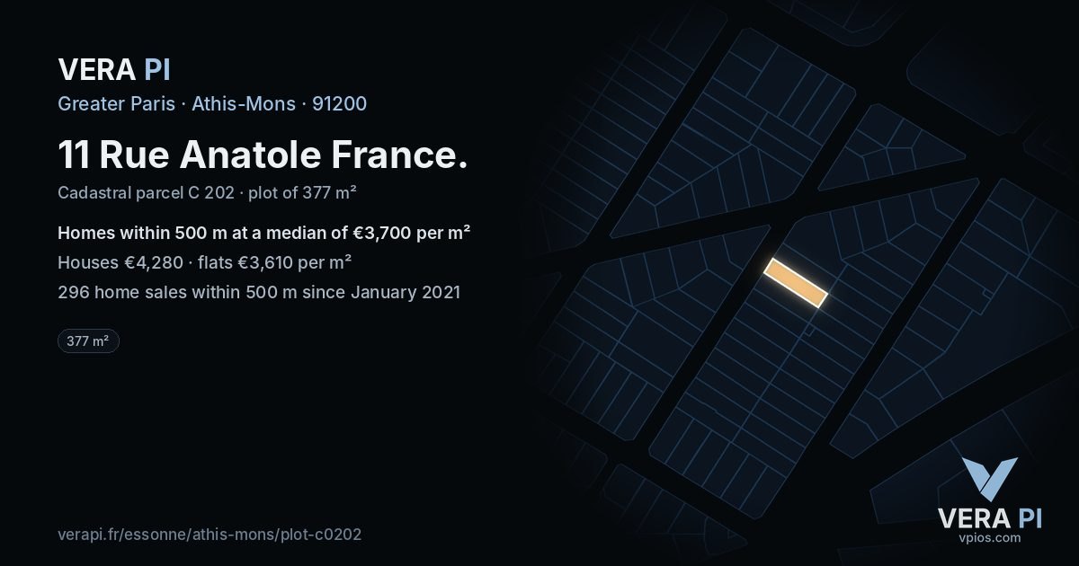 11 Rue Anatole France, Athis-Mons at night – the plot lit, the parcels around coloured by the prices near them