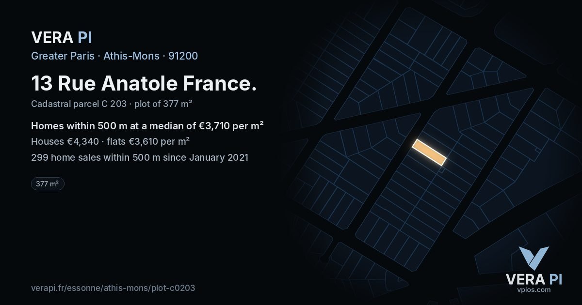13 Rue Anatole France, Athis-Mons at night – the plot lit, the parcels around coloured by the prices near them