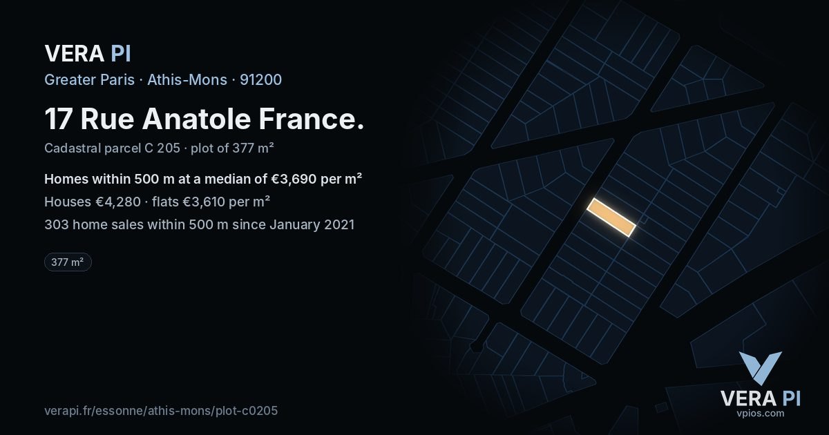 17 Rue Anatole France, Athis-Mons at night – the plot lit, the parcels around coloured by the prices near them