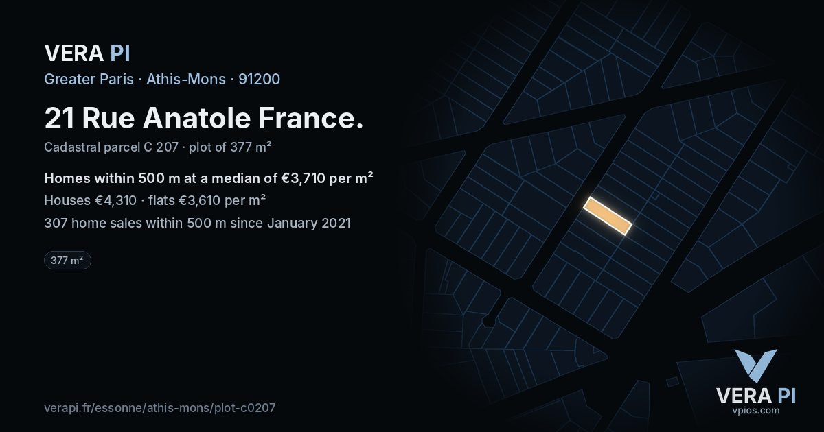 21 Rue Anatole France, Athis-Mons at night – the plot lit, the parcels around coloured by the prices near them