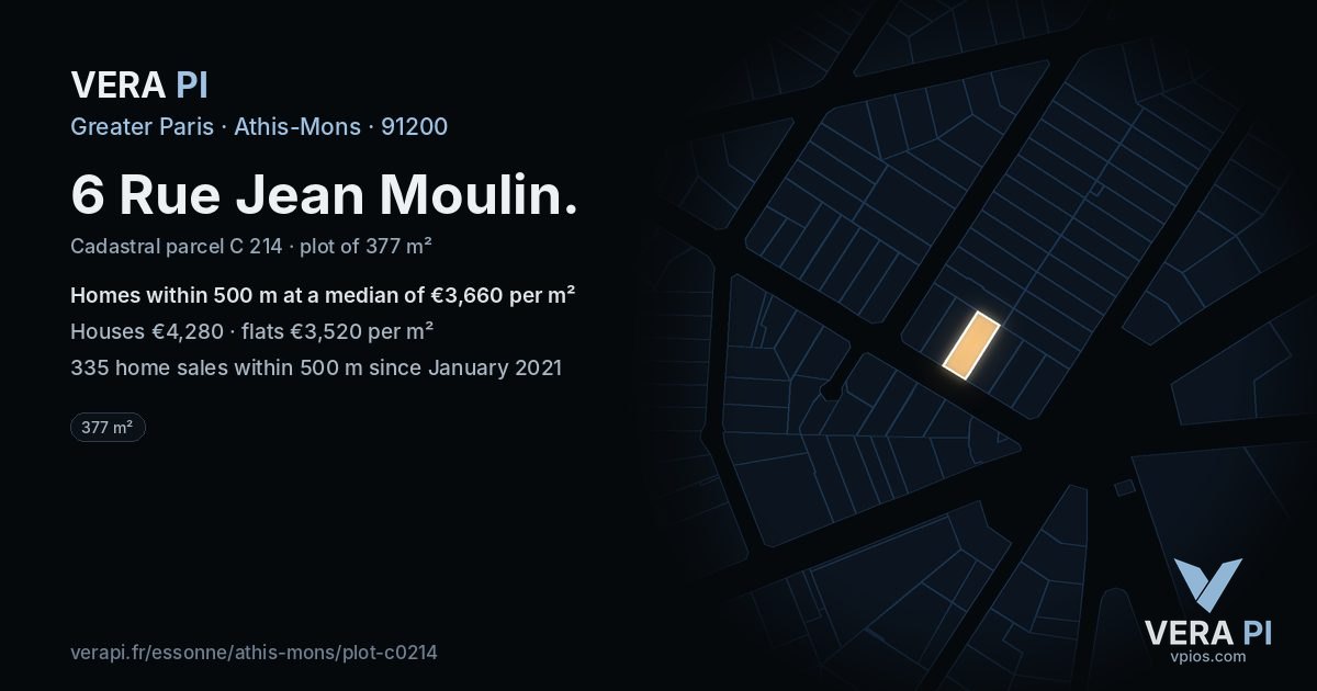 6 Rue Jean Moulin, Athis-Mons at night – the plot lit, the parcels around coloured by the prices near them