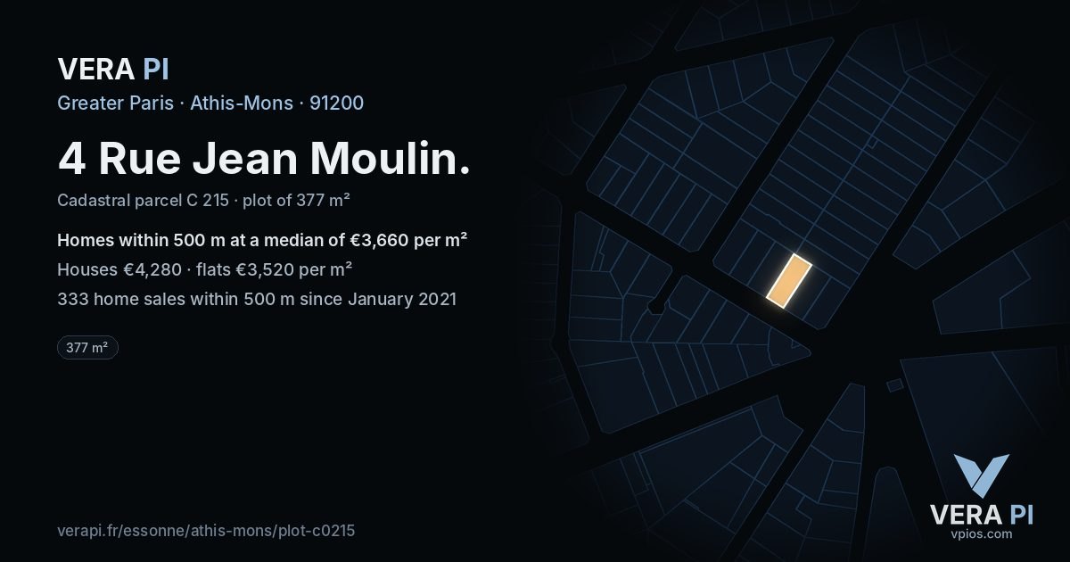 4 Rue Jean Moulin, Athis-Mons at night – the plot lit, the parcels around coloured by the prices near them
