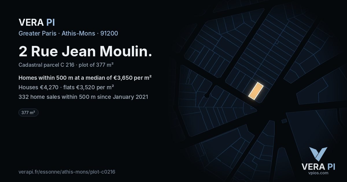 2 Rue Jean Moulin, Athis-Mons at night – the plot lit, the parcels around coloured by the prices near them