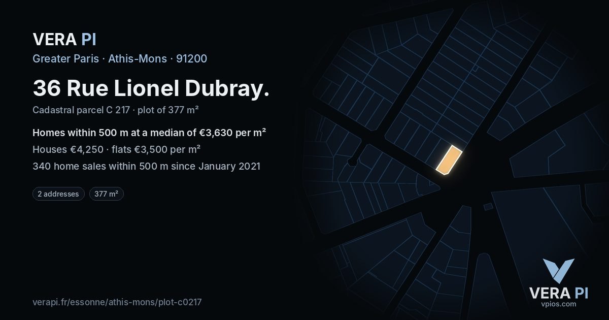 36 Rue Lionel Dubray, Athis-Mons at night – the plot lit, the parcels around coloured by the prices near them