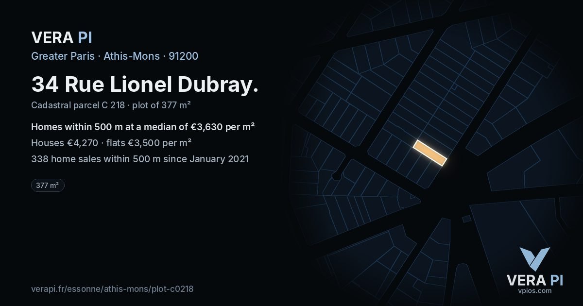 34 Rue Lionel Dubray, Athis-Mons at night – the plot lit, the parcels around coloured by the prices near them