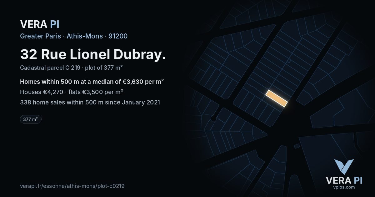 32 Rue Lionel Dubray, Athis-Mons at night – the plot lit, the parcels around coloured by the prices near them