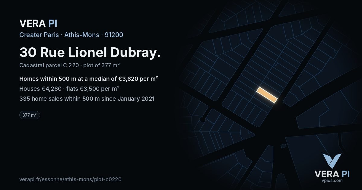 30 Rue Lionel Dubray, Athis-Mons at night – the plot lit, the parcels around coloured by the prices near them