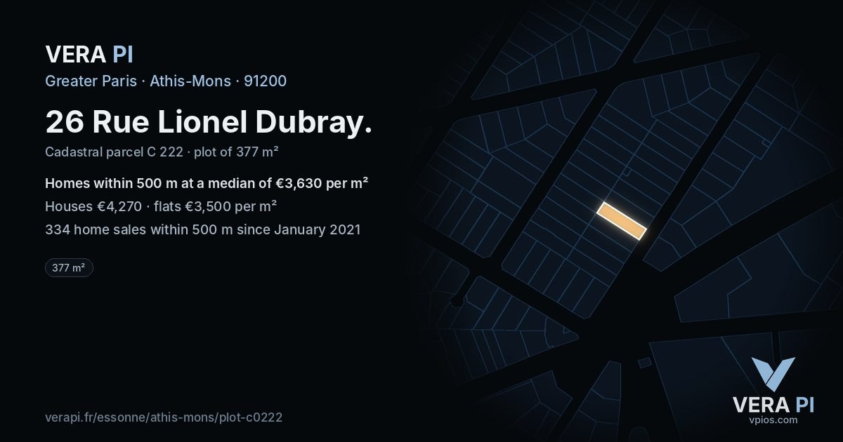26 Rue Lionel Dubray, Athis-Mons at night – the plot lit, the parcels around coloured by the prices near them