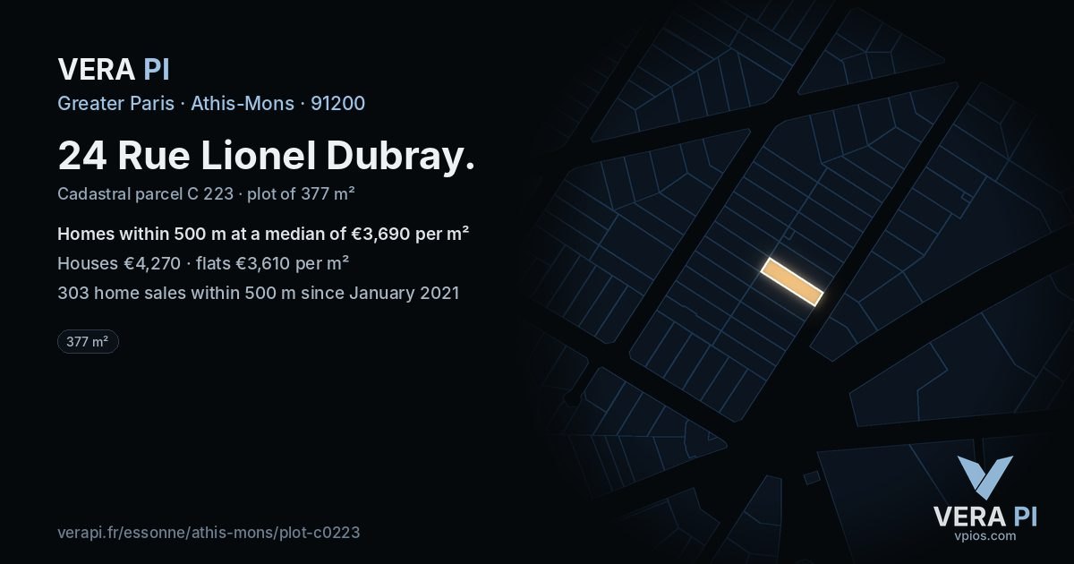 24 Rue Lionel Dubray, Athis-Mons at night – the plot lit, the parcels around coloured by the prices near them