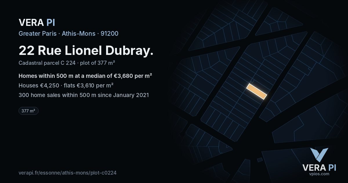 22 Rue Lionel Dubray, Athis-Mons at night – the plot lit, the parcels around coloured by the prices near them