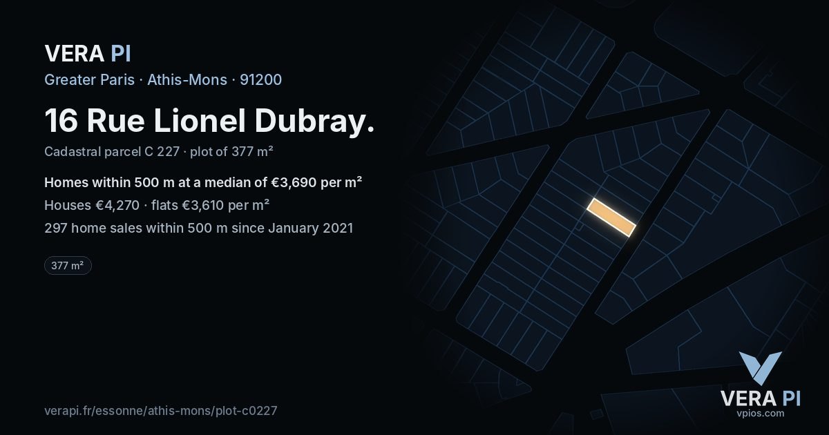 16 Rue Lionel Dubray, Athis-Mons at night – the plot lit, the parcels around coloured by the prices near them