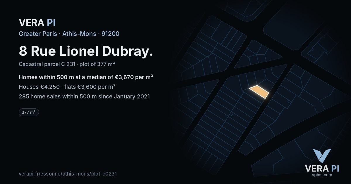 8 Rue Lionel Dubray, Athis-Mons at night – the plot lit, the parcels around coloured by the prices near them