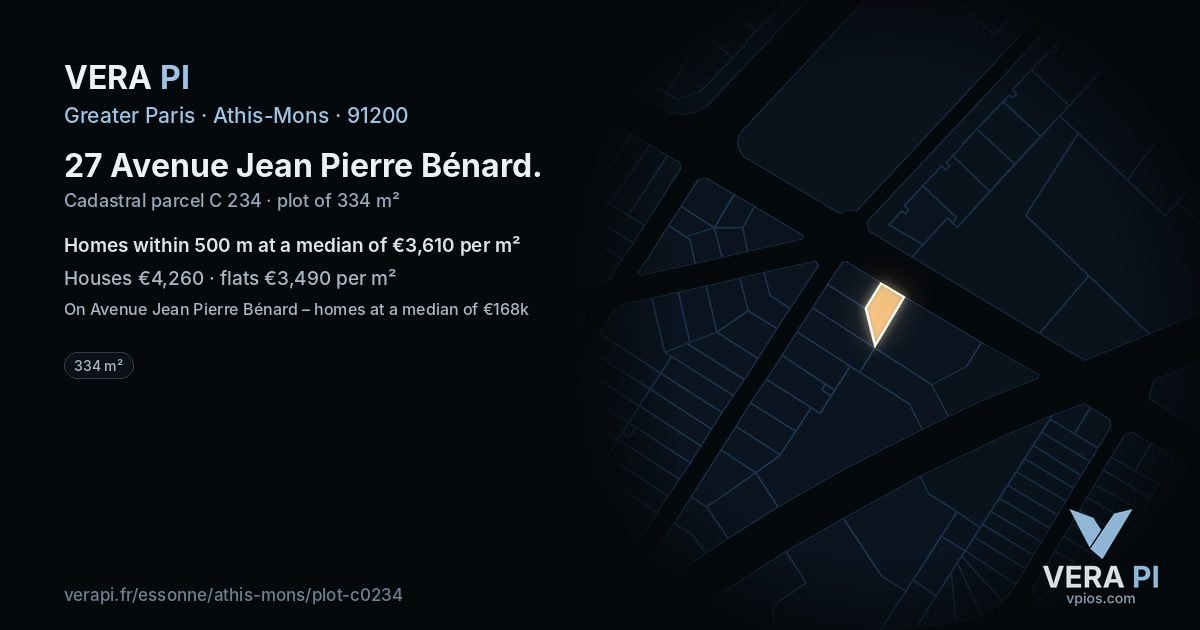 27 Avenue Jean Pierre Bénard, Athis-Mons at night – the plot lit, the parcels around coloured by the prices near them