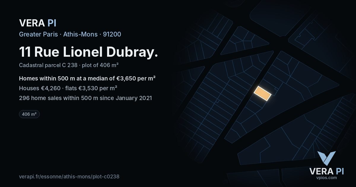 11 Rue Lionel Dubray, Athis-Mons at night – the plot lit, the parcels around coloured by the prices near them